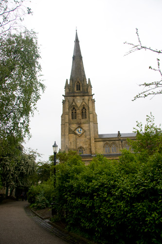 Nearby Methodist church with bell tower